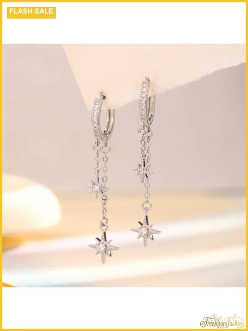 Silver Plated Double Star CZ Huggie Dangle Earrings Hypoallergenic